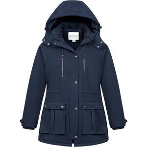 Women's Blue Waterproof Fleece Lined Detachable Hood Jacket Coat Winter Warm
